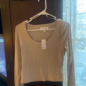 Pink Rose Long Sleeve Scoop Neck Top - Beige Taupe